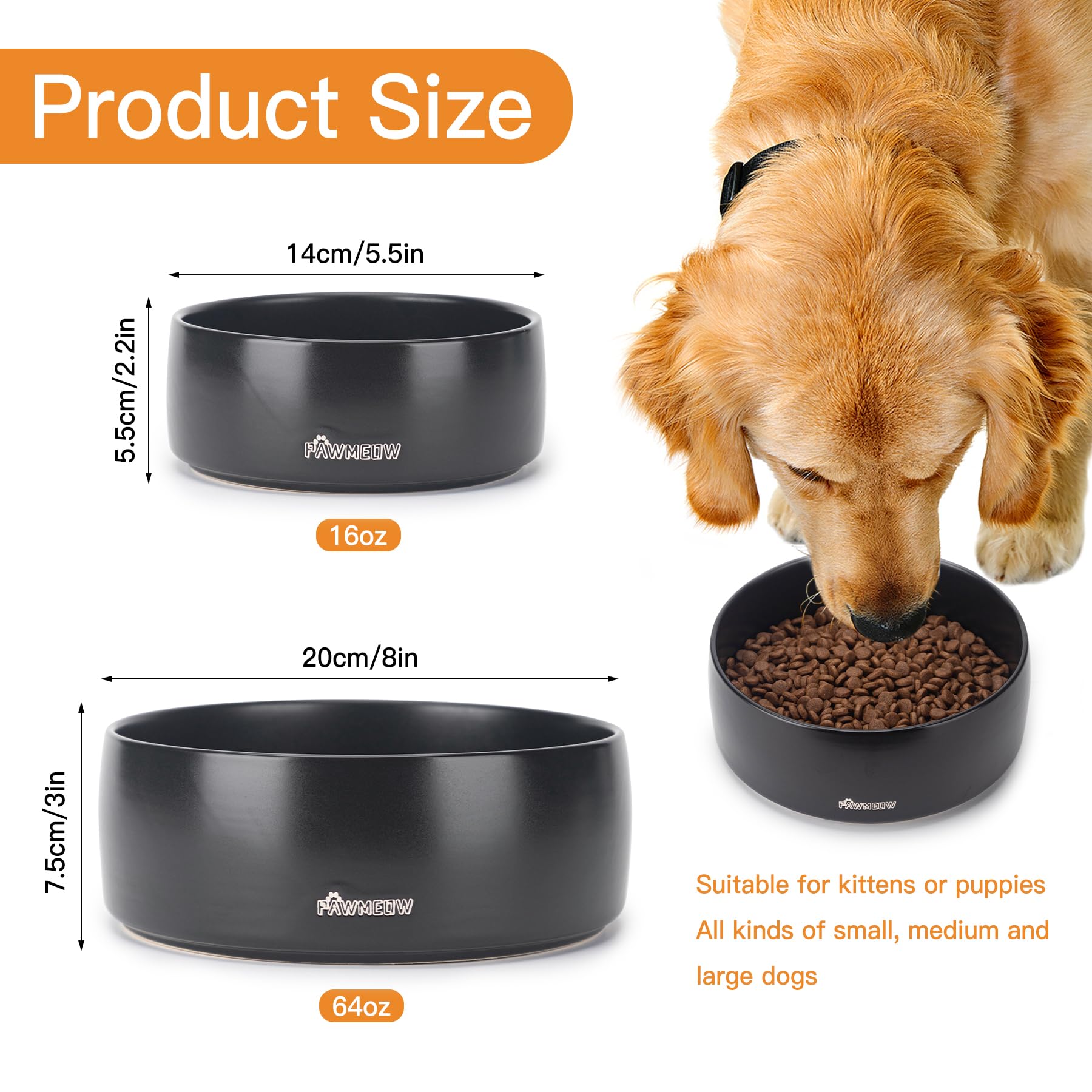 PawMeow ceramic dog bowls, 8-inch, roomy for larger portions and steady feeding.