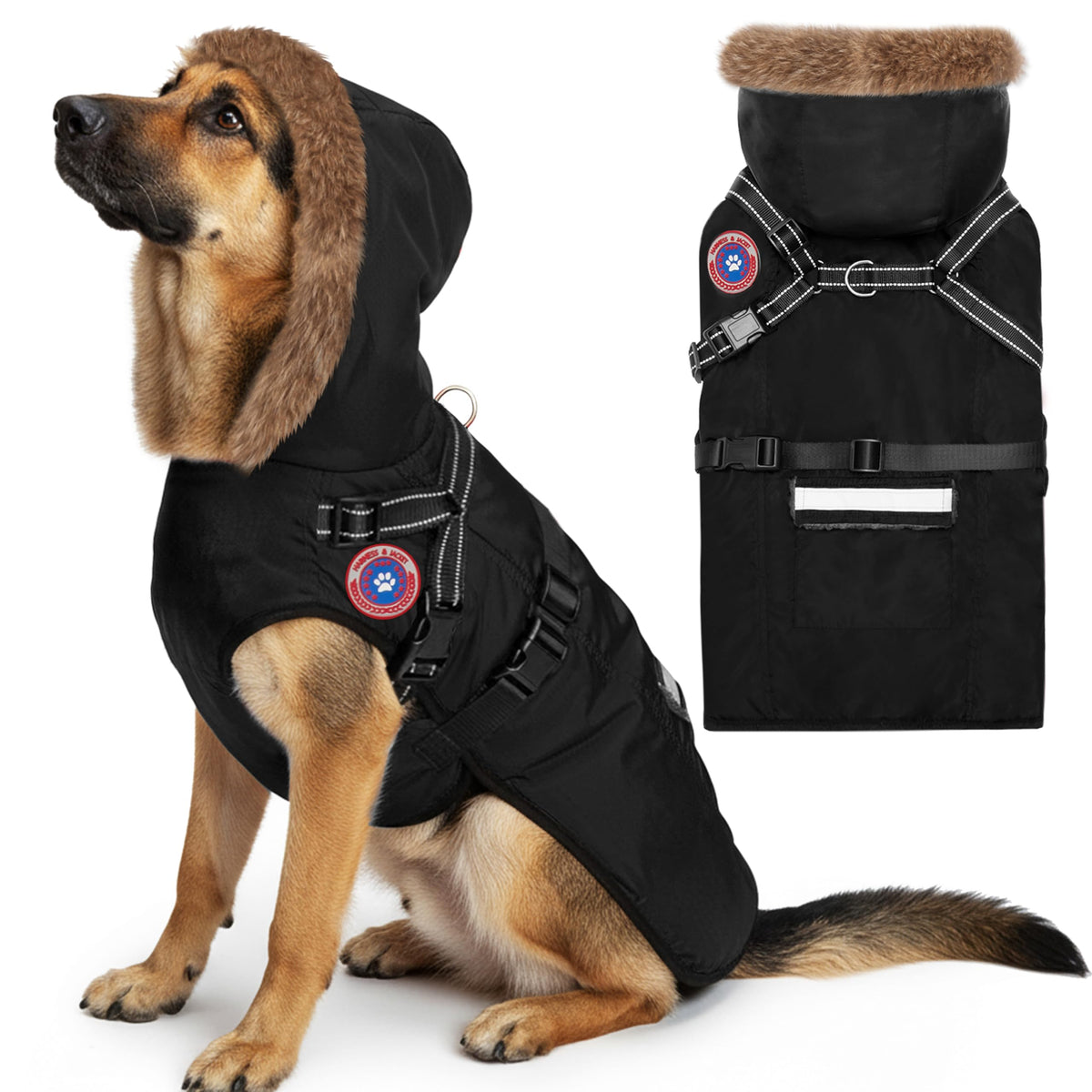 PAWNISAW dog winter coat with built-in harness close-up showing secure fit