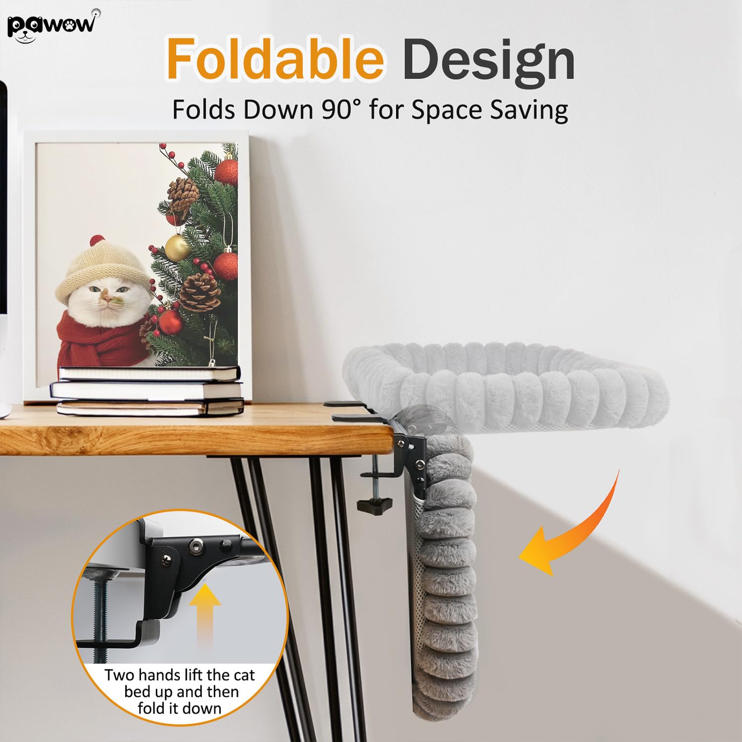 Pawow Cat Desk Bed assembled on desk showing close work companionship and focus