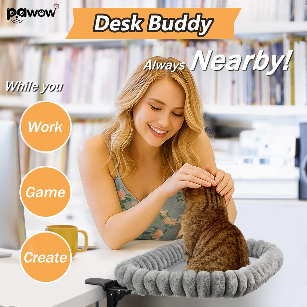 Pawow Cat Desk Bed cover in faux rabbit fur provides cozy warmth for cold days