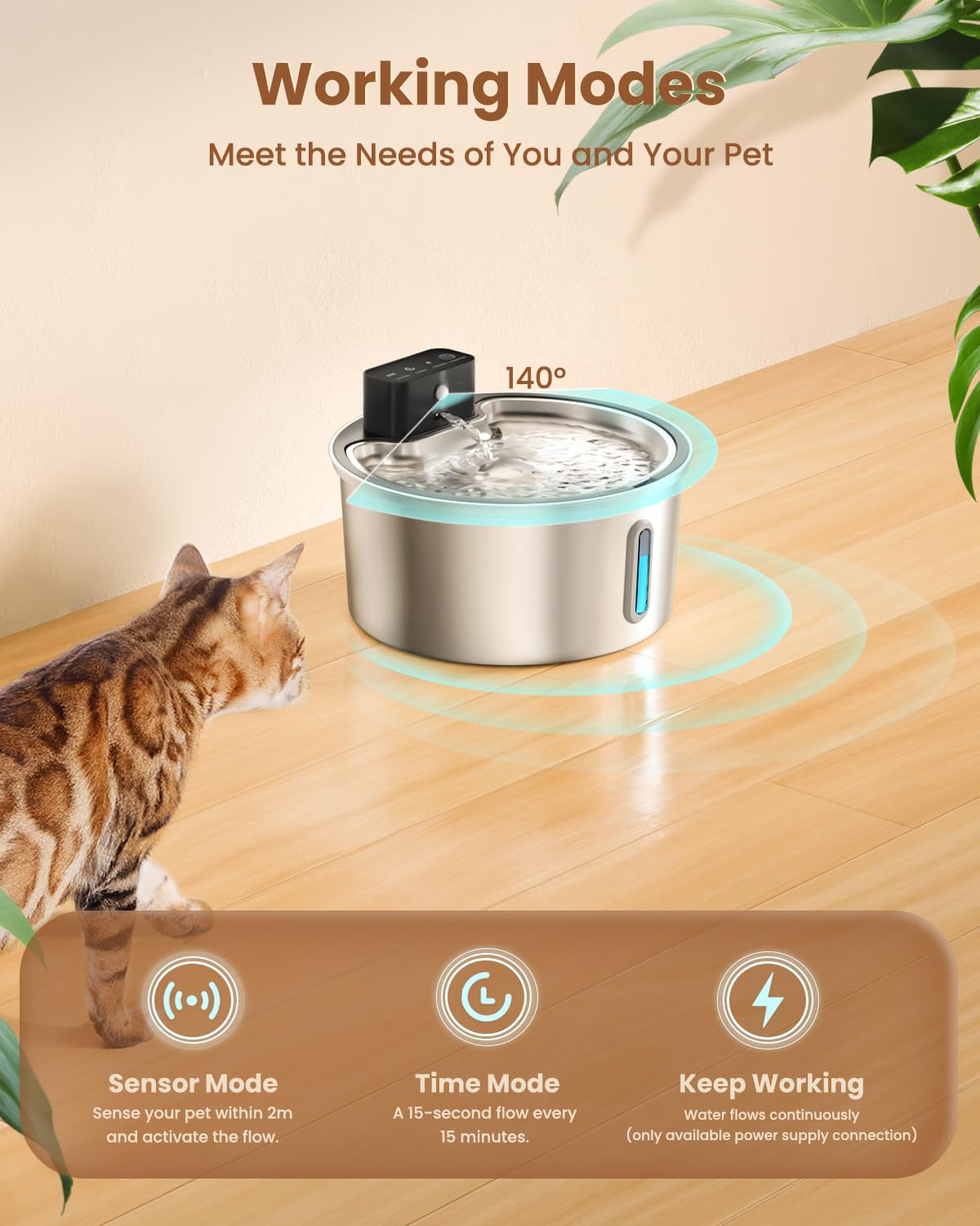 PawPoll Wireless Cat Water Fountain with stainless steel body offers durable, easy to clean design.