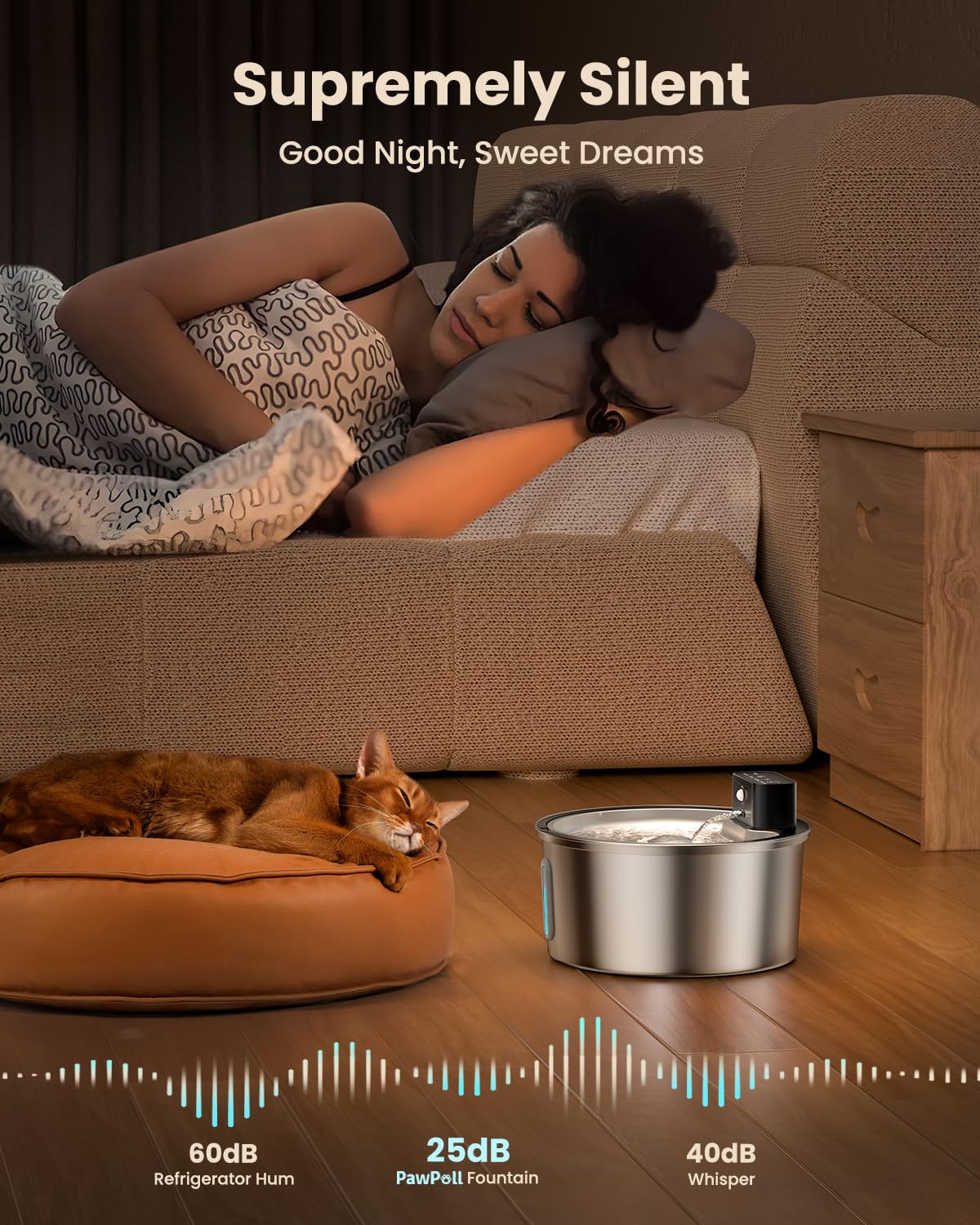 PawPoll Wireless Cat Water Fountain water level window allows quick monitoring of hydration.
