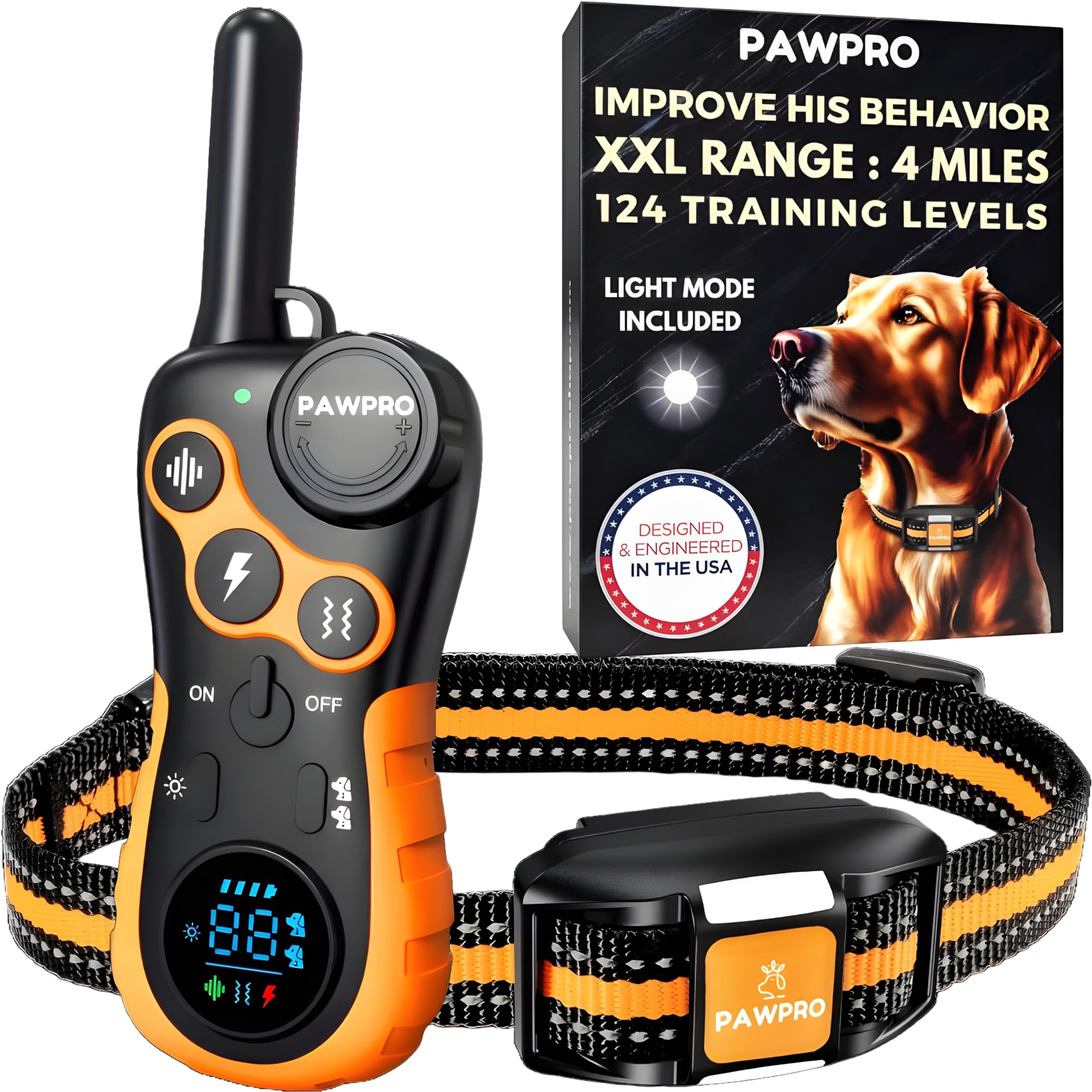 PAWPRO dog shock collar remote with 4-mile range enables off-leash training flexibility.
