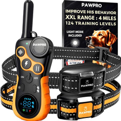 PAWPRO dog shock collar with remote showing 4-mile range for off-leash training use-case