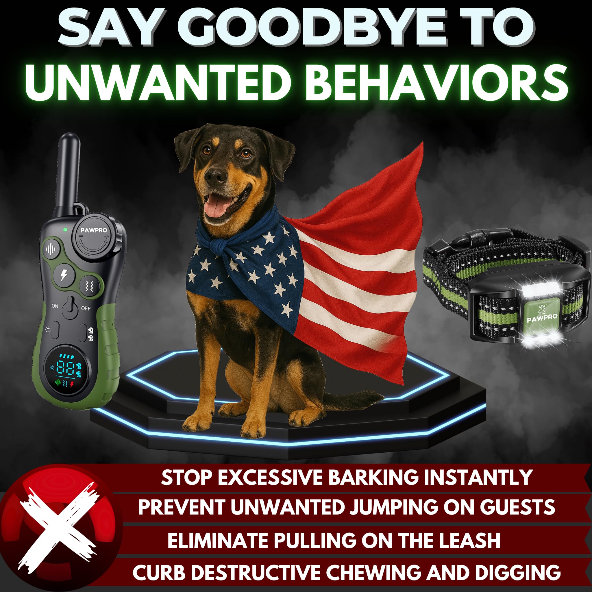 PAWPRO night light mode on collar aids training in low light conditions.