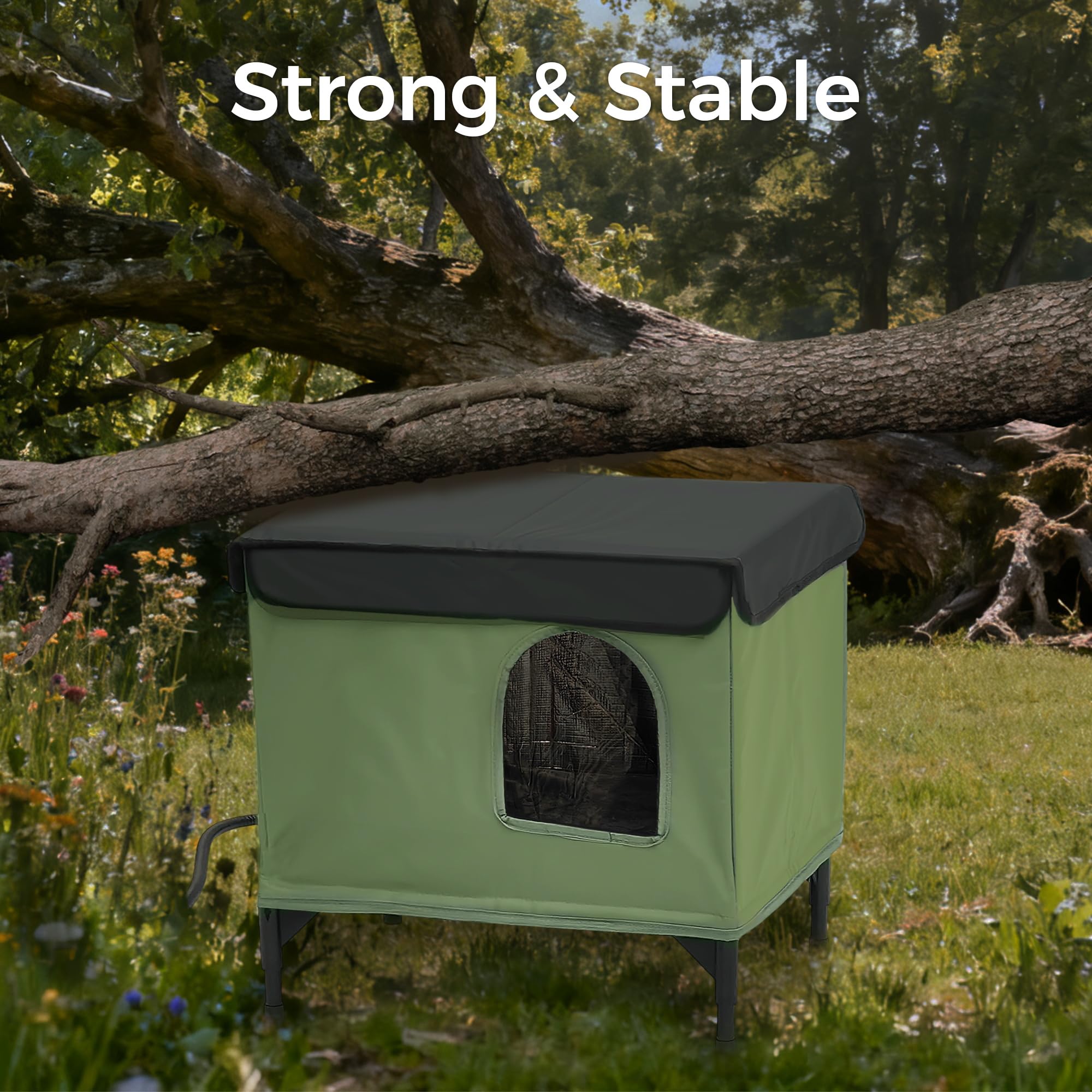 PAWPROVED indestructible-cat-house-frame: fiberglass and PVC skeleton withstands windy and wet days.