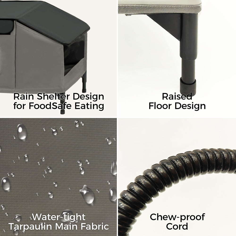 PAWPROVED raised feet emphasize elevated base to stay dry and mud-free.