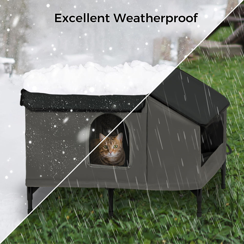 PAWPROVED weatherproof tarpaulin shell shields cats from rain and wind.