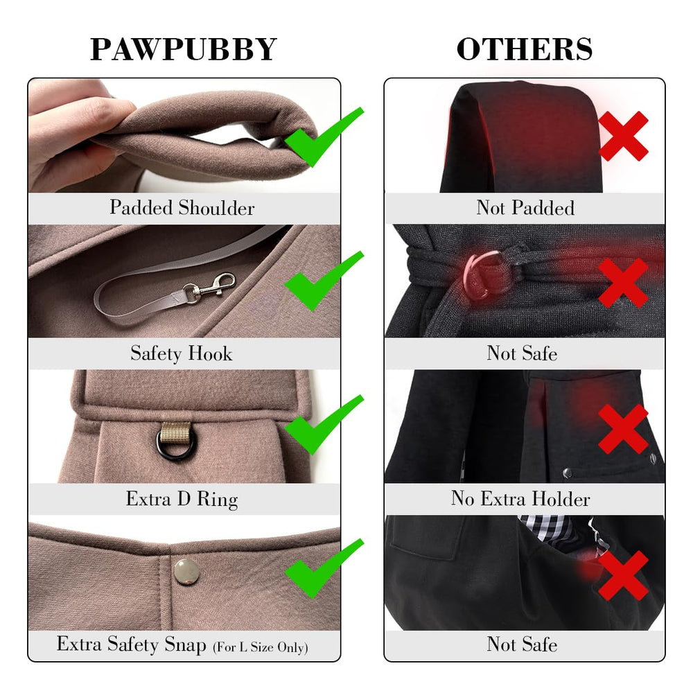 PAWPUBBY dog-cat carrier sling caramel L buckle close-up showing safety features.