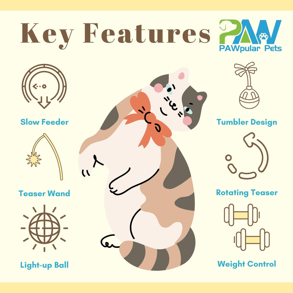 PAWpular Pets cat food dispenser puzzle promotes slower eating during play.