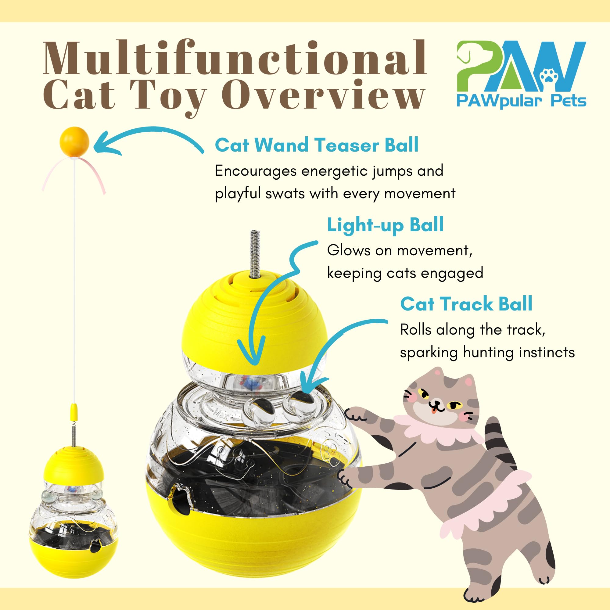 PAWpular Pets cat wand light-up ball invites jumping and hunting-like play.