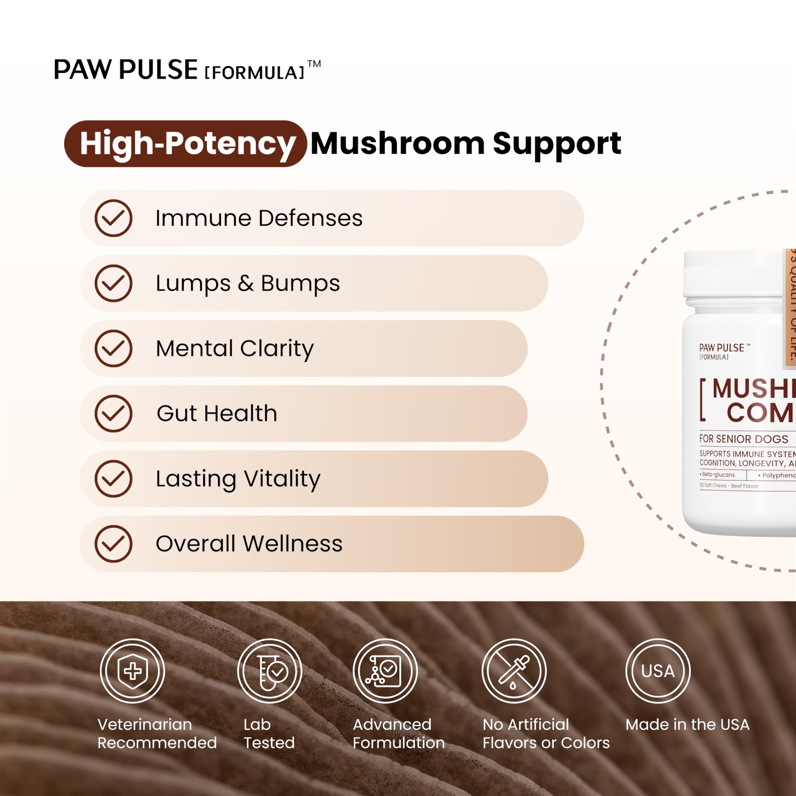 Pawpulse Formula immune-blend-mushrooms packaging emphasizes seven functional mushrooms for immune health.