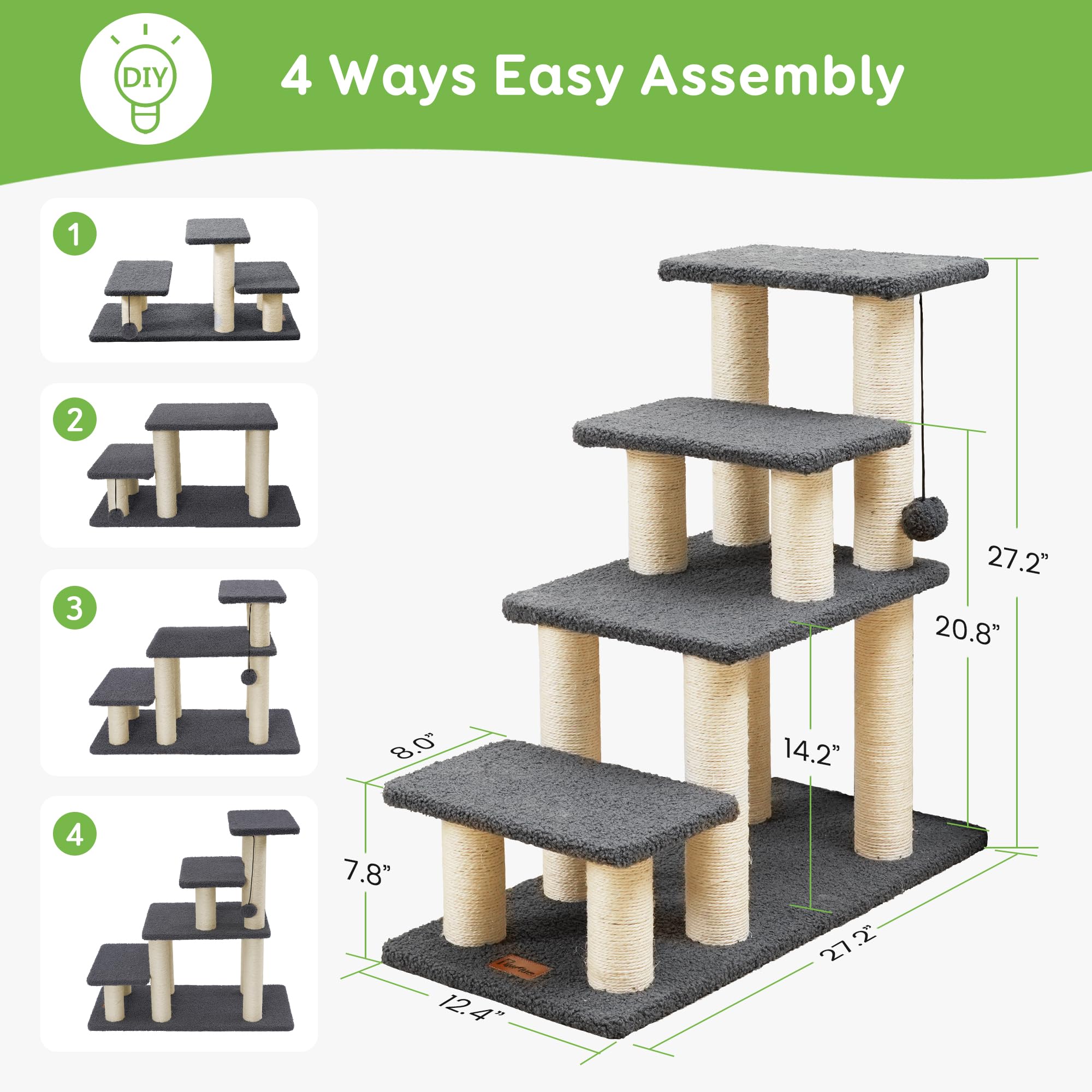 Pawque stairs construction features polyester, board, and sisal for durability.