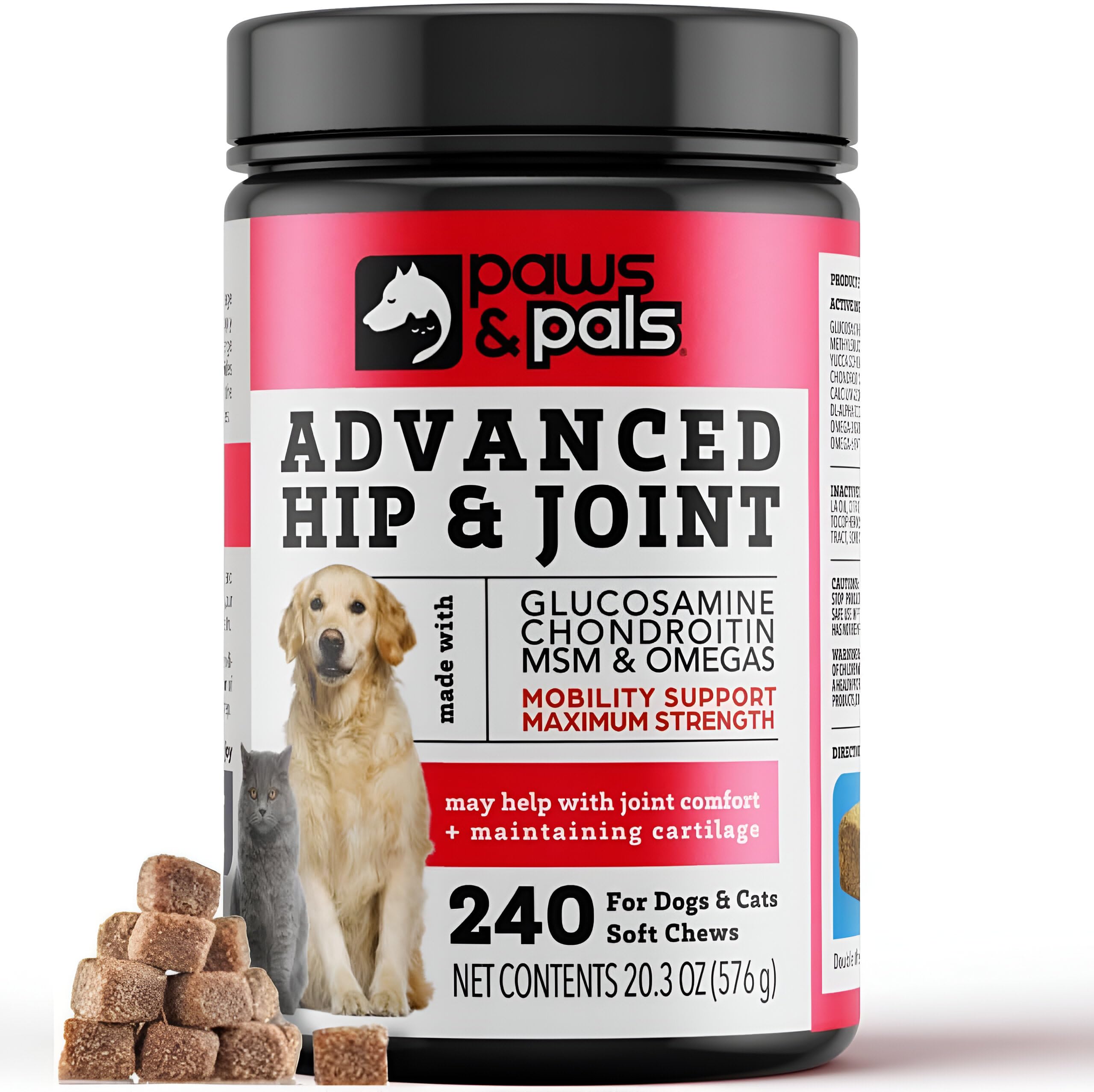 Paws & Pals glucosamine dog chews pack close-up highlighting joint support.