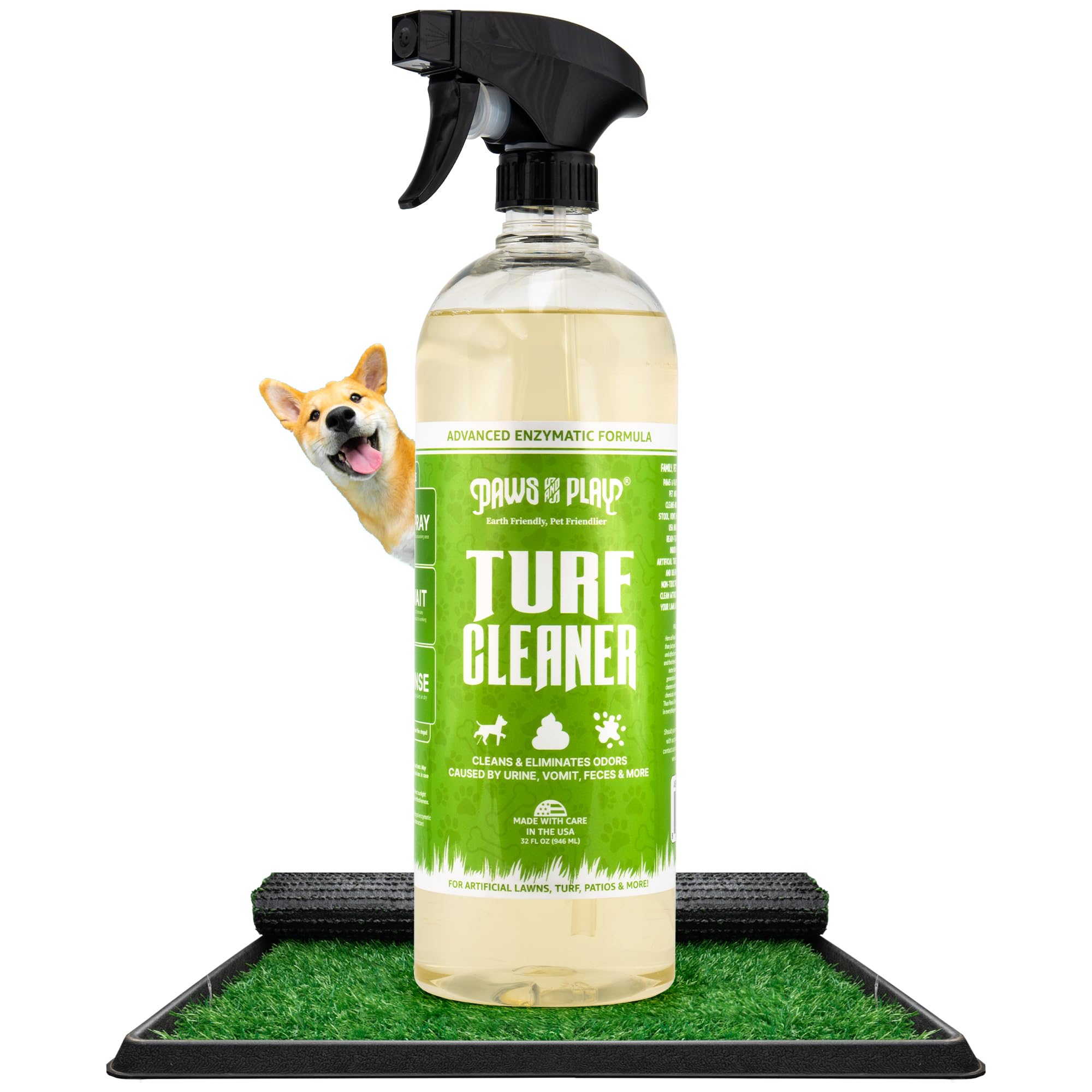 Paws and Play turf cleaner bottle front shows easy, pet-safe cleaning for artificial grass.