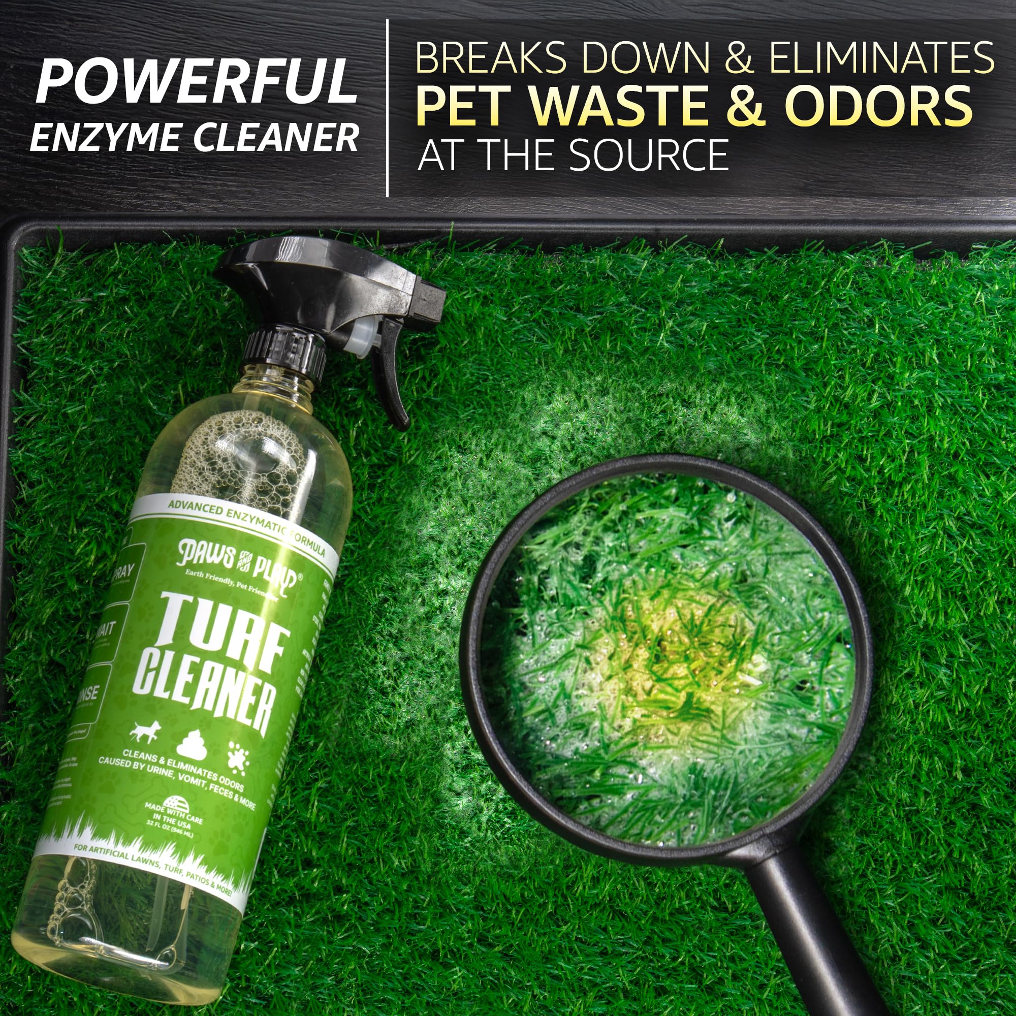 Paws and Play turf cleaner spray action demonstrates quick application on turf for odor reduction.