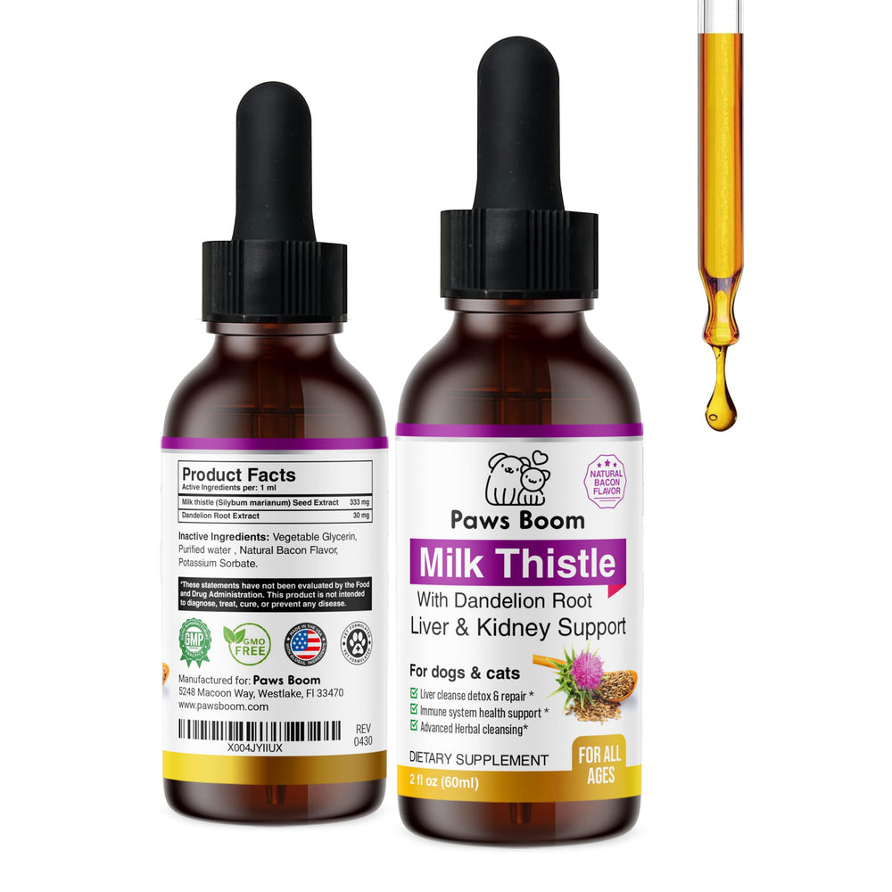 Paws Boom milk-thistle bottle for dogs and cats showing liver support
