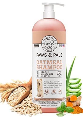 Paws & Pals label closeup highlights vet-formulated care for sensitive skin.