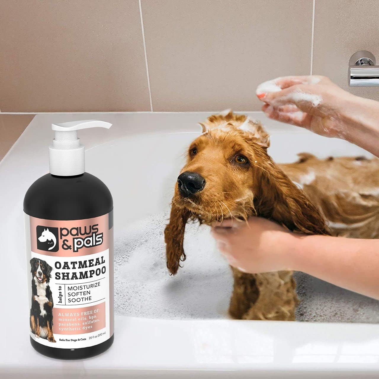Paws & Pals shampoo lather application demonstrates rich foam for easy cleansing.