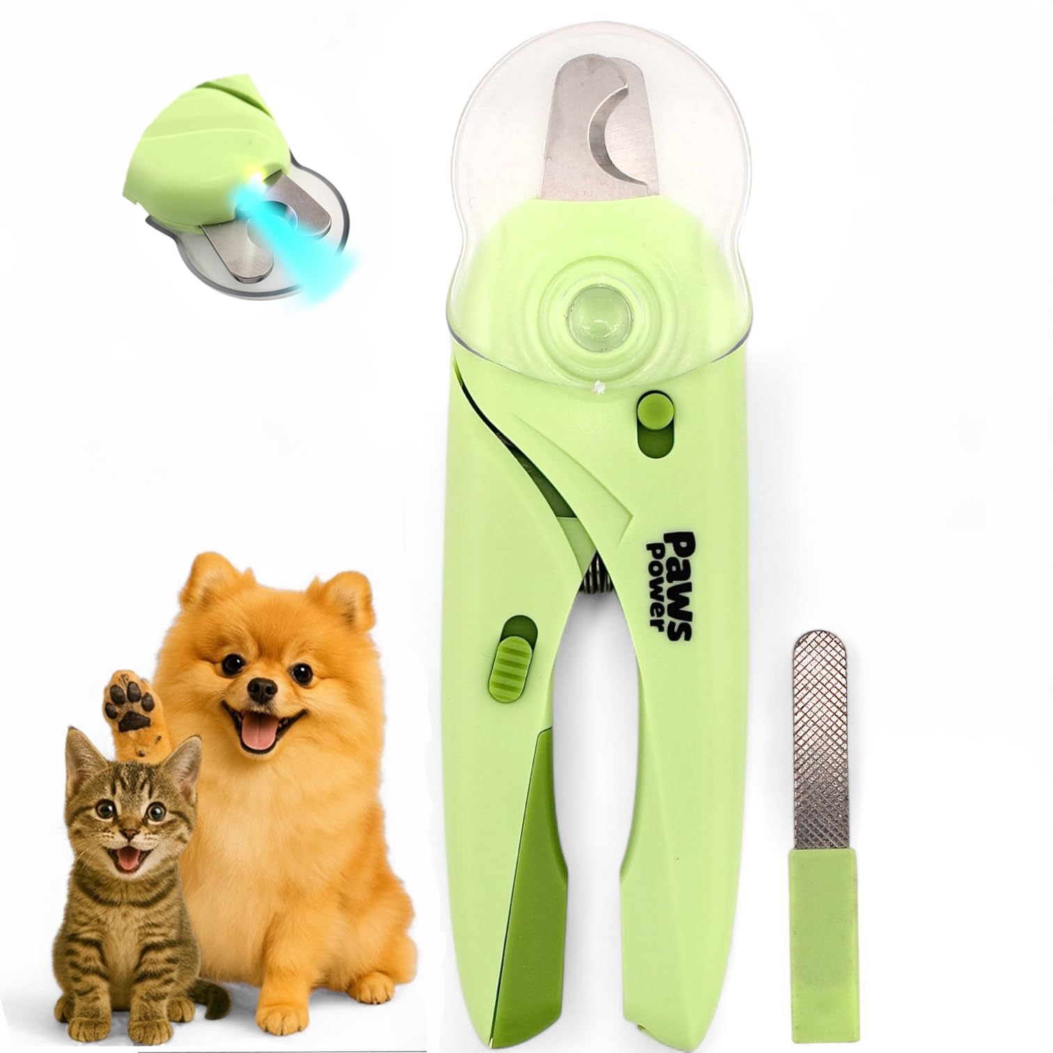 Paws Power cat nail clipper with LED light illuminates nails for safer trimming.