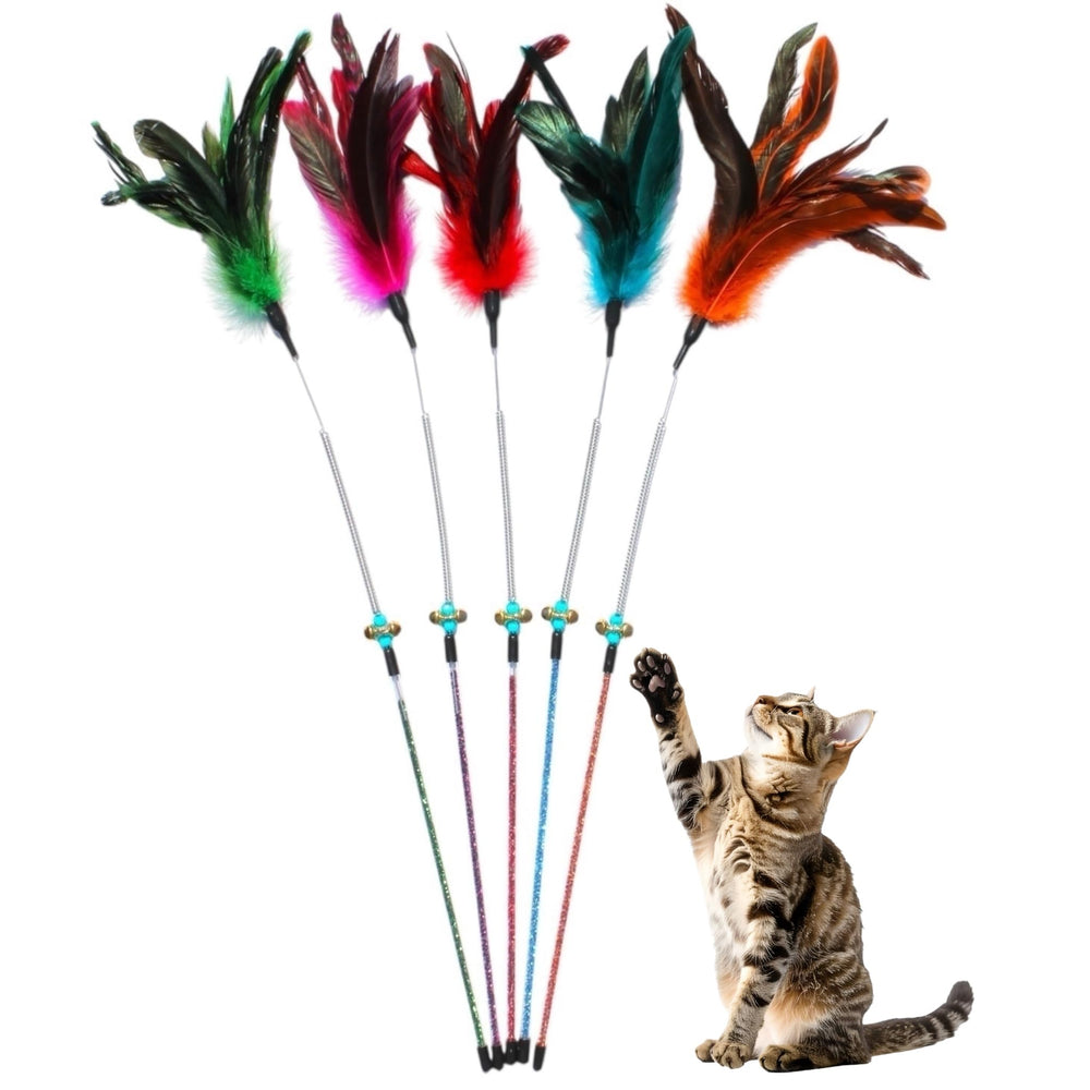 Paws Power cat wand toy feather set closeup for interactive play.