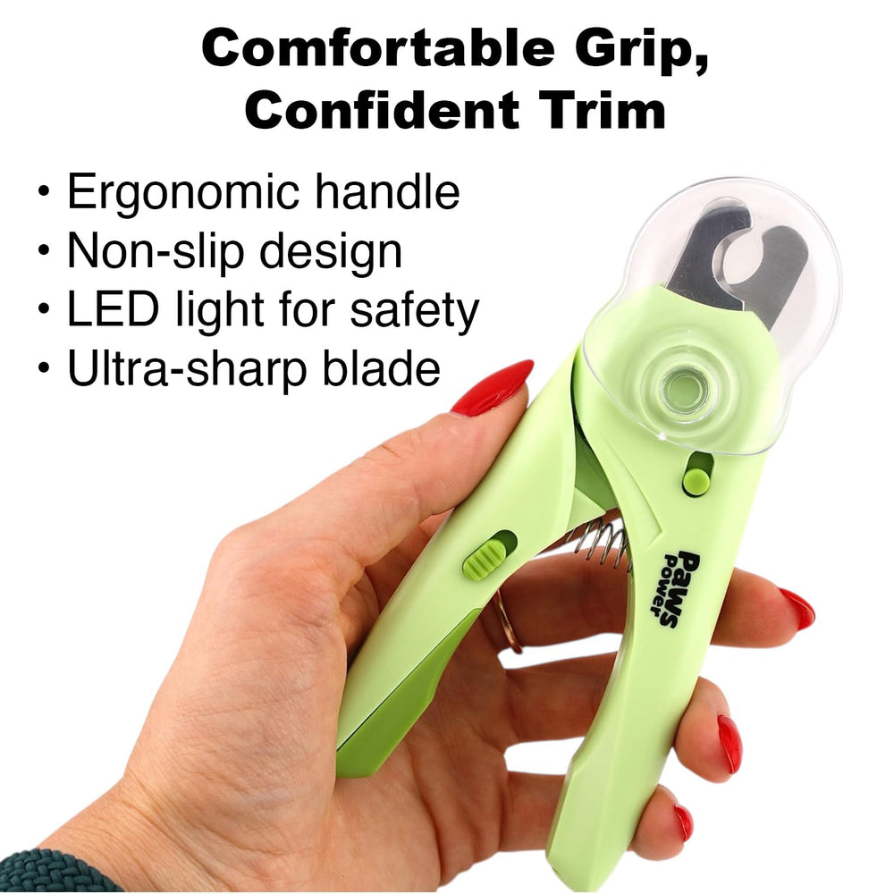 Paws Power nail clipper safety guard prevents overcutting during grooming.
