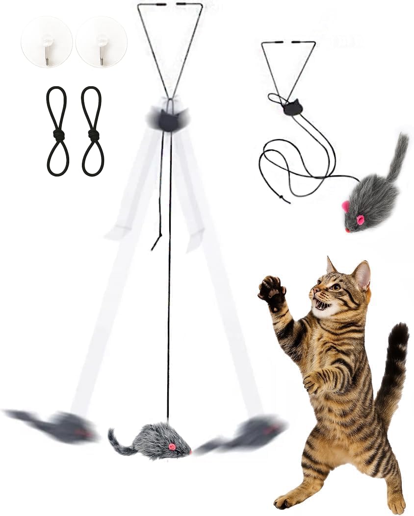 Paws Power self-play hanging door cat mouse toy setup demonstrates easy door mounting for vertical indoor play.