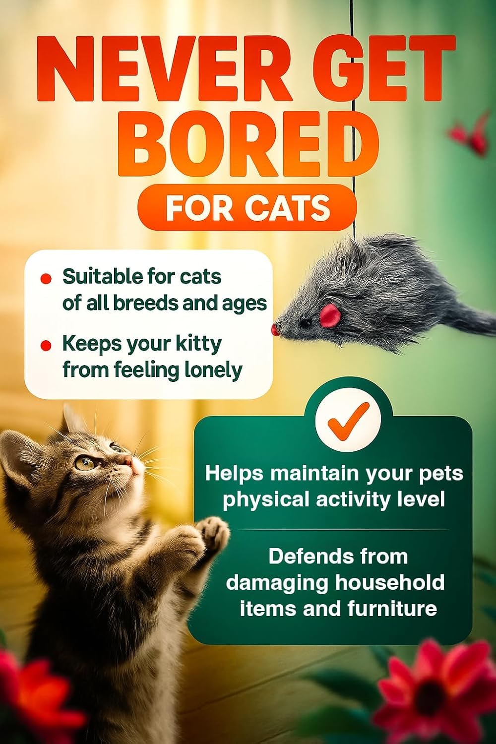 Paws Power retractable wand extends to 60 inches enabling dynamic, engaging chase sessions.