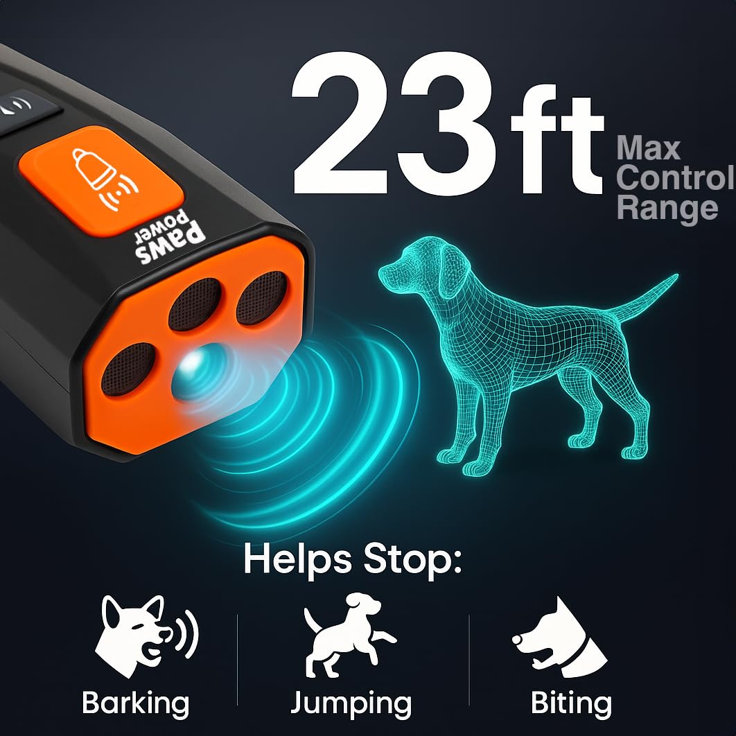 Paws Power deterrent shows 23-foot range for outdoor correction.