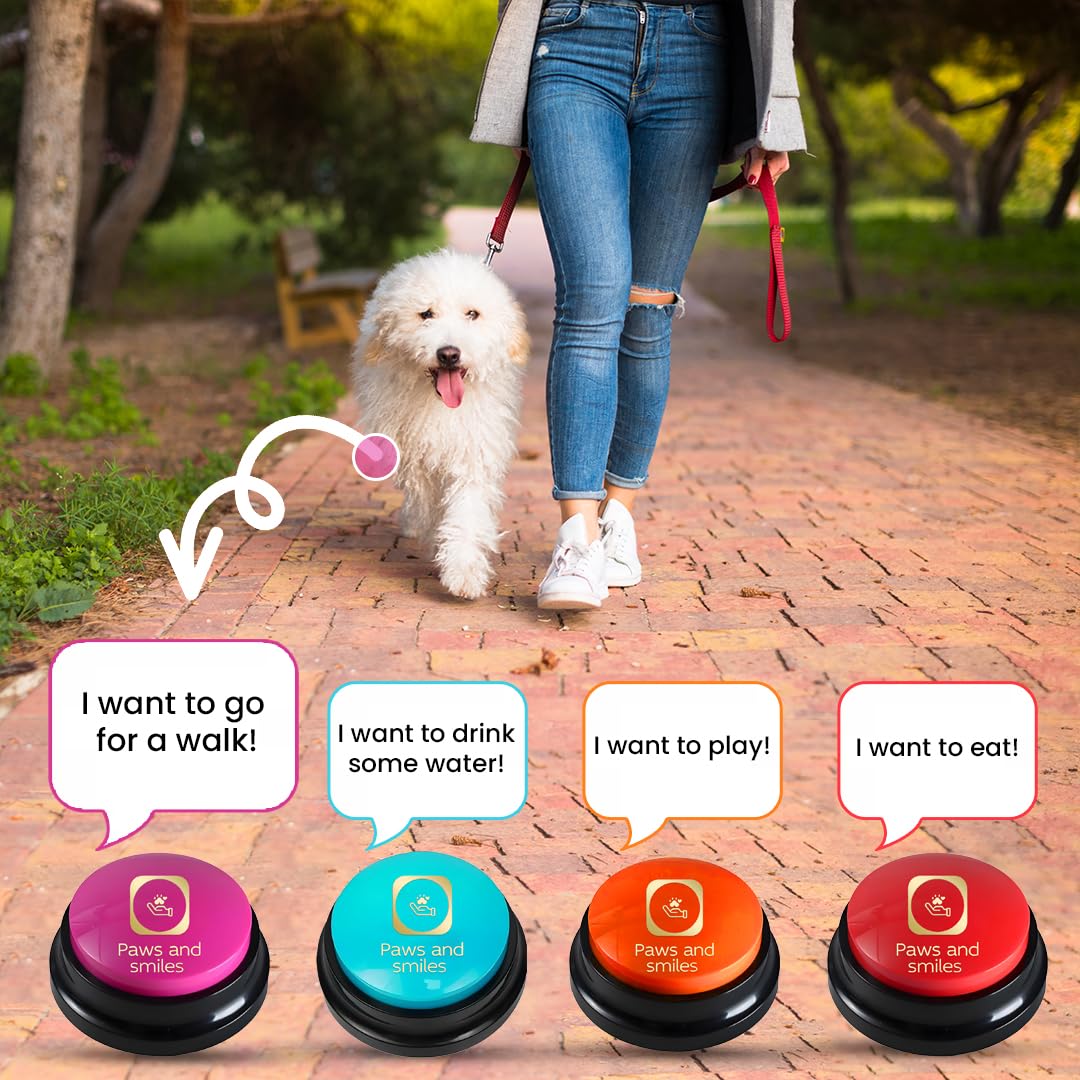 Paws & Smiles pink button invites family interaction and learning