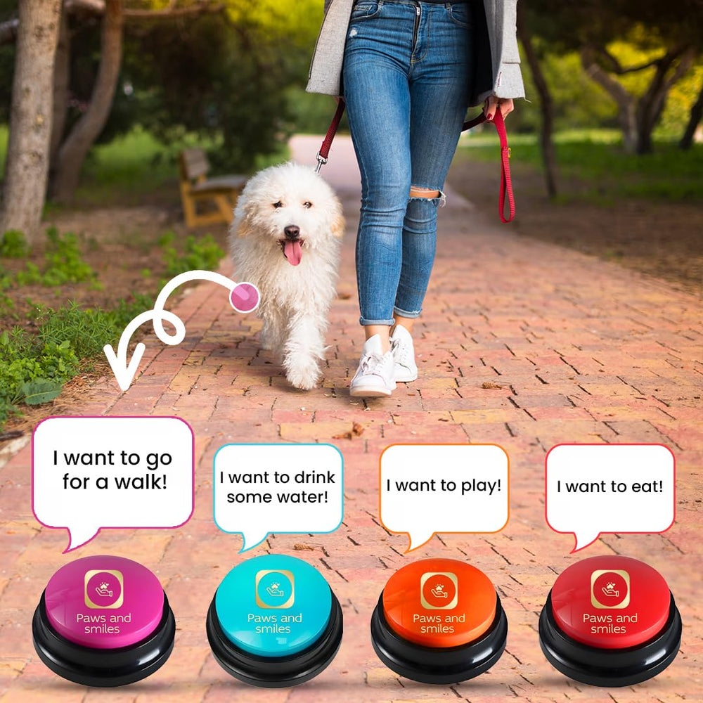 Paws & Smiles pink button invites family interaction and learning