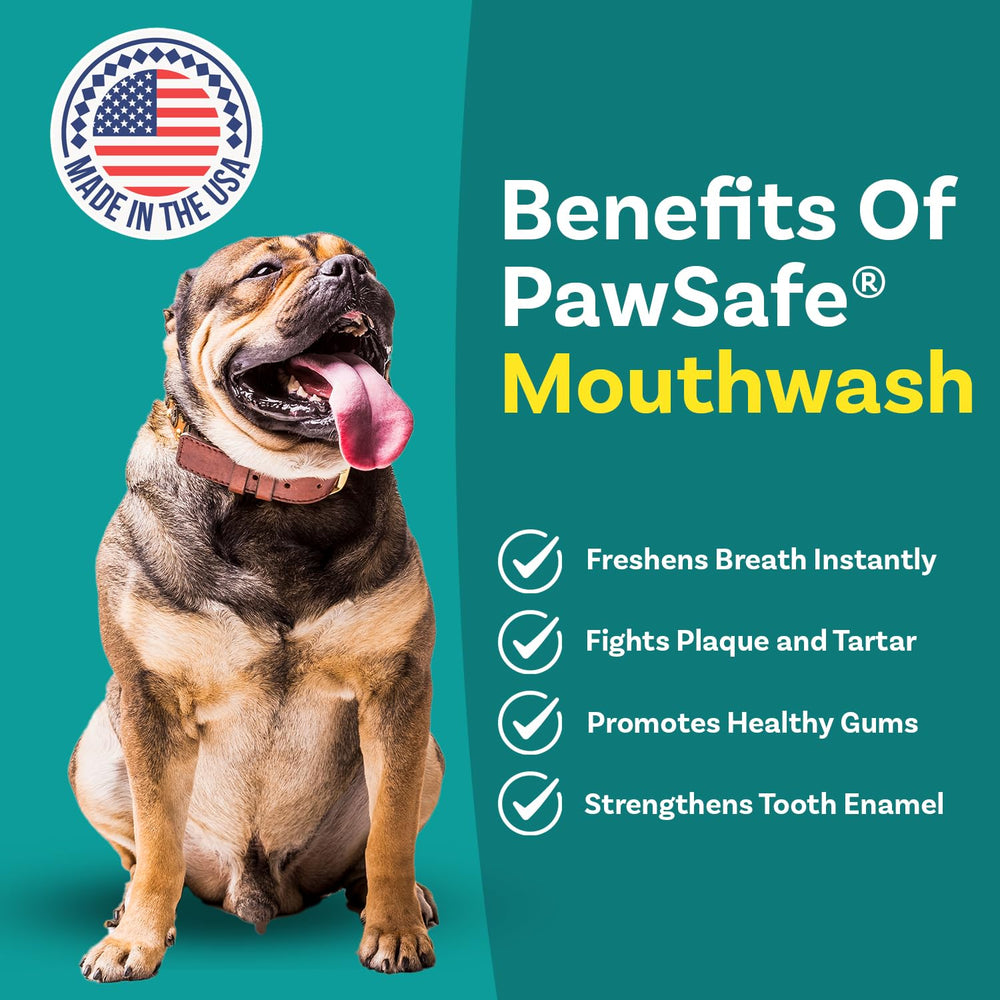 PawSafe dog mouthwash pour shows effortless dosing for fresher breath daily.