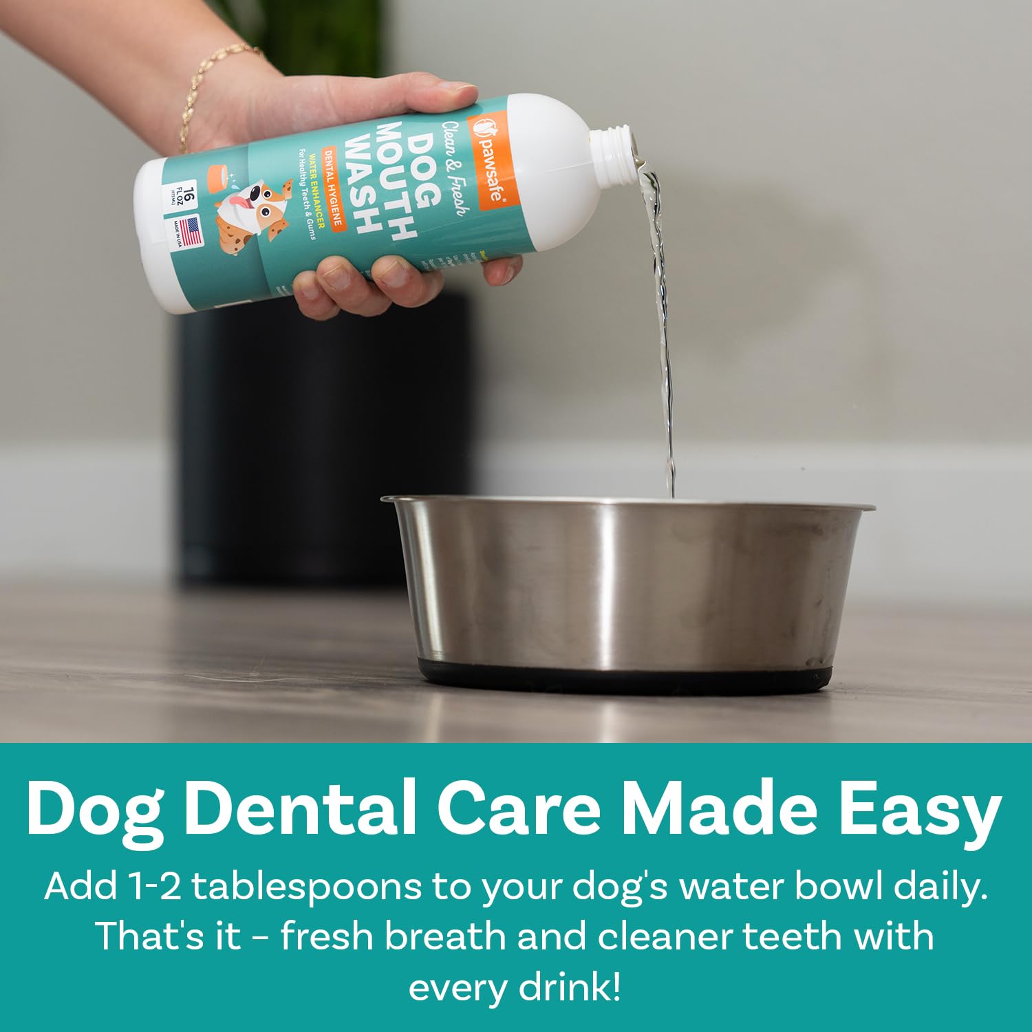 PawSafe dog mouthwash water bowl addition demonstrates easy daily use.