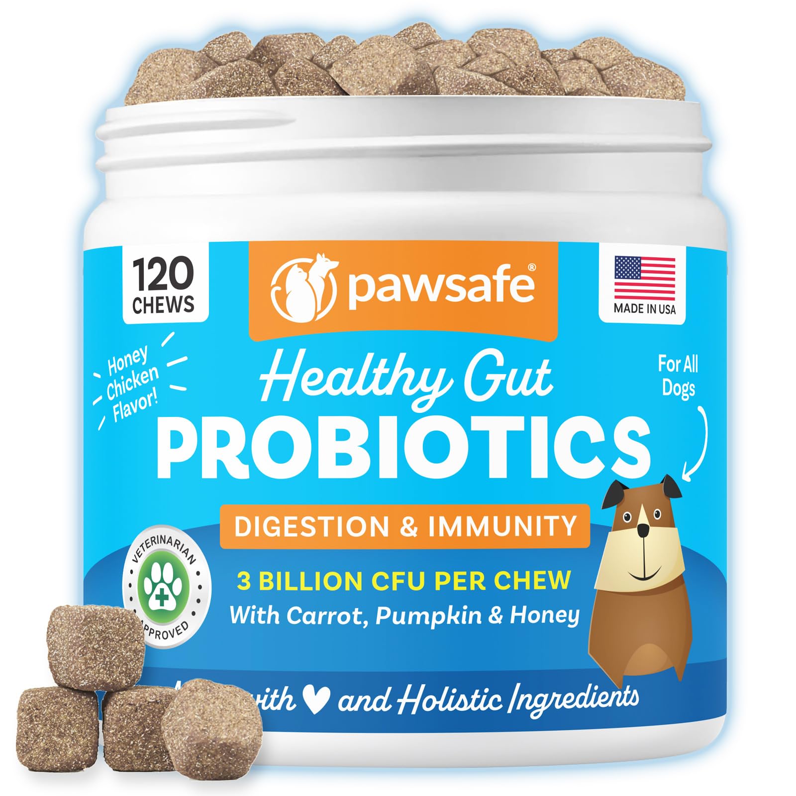 PawSafe dog probiotics bottle label highlighting digestive support benefits