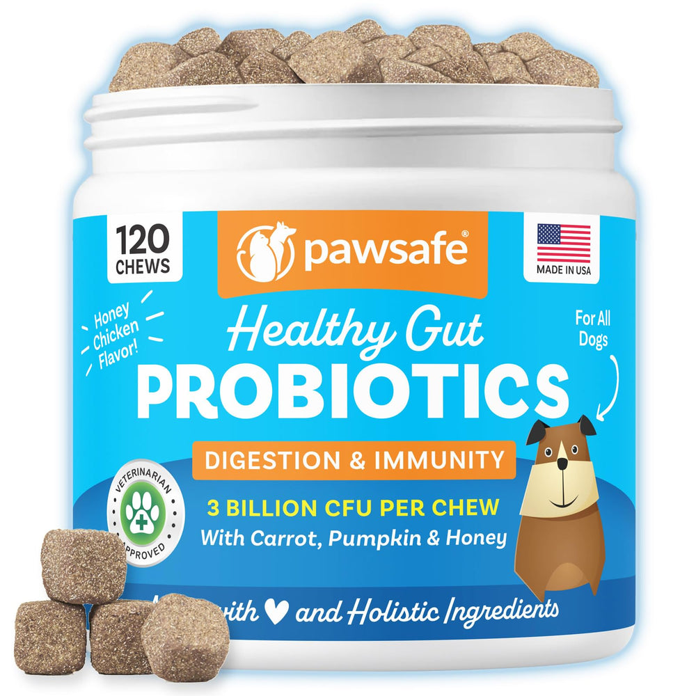 PawSafe dog probiotics bottle label highlighting digestive support benefits