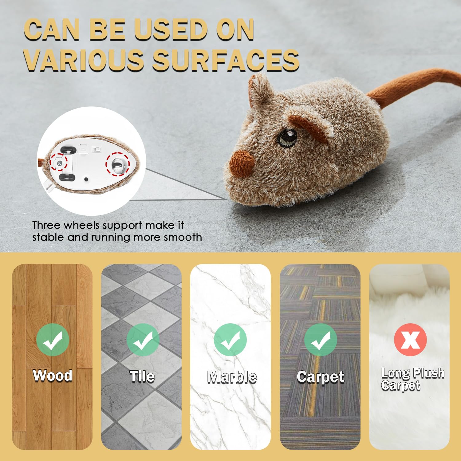 Pawsayes mouse toy three-wheels stability ensures smooth movement on various floor types.