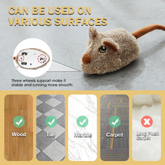 Pawsayes mouse toy three-wheels stability ensures smooth movement on various floor types.