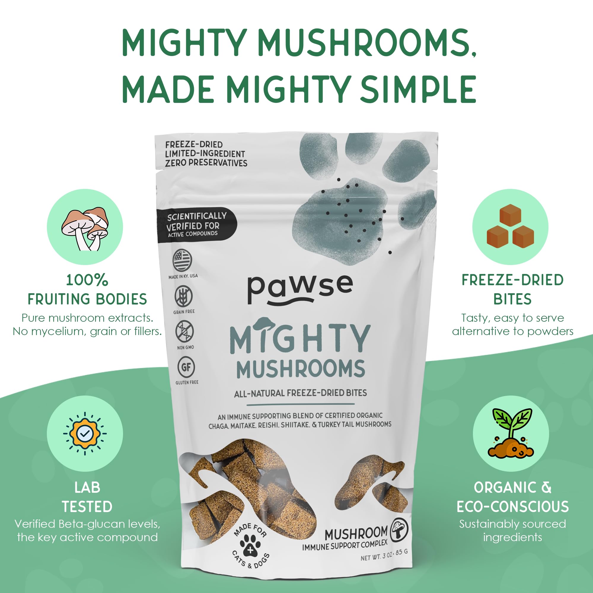 Pawse Mighty Mushroom packaging emphasizes free of fillers and grains