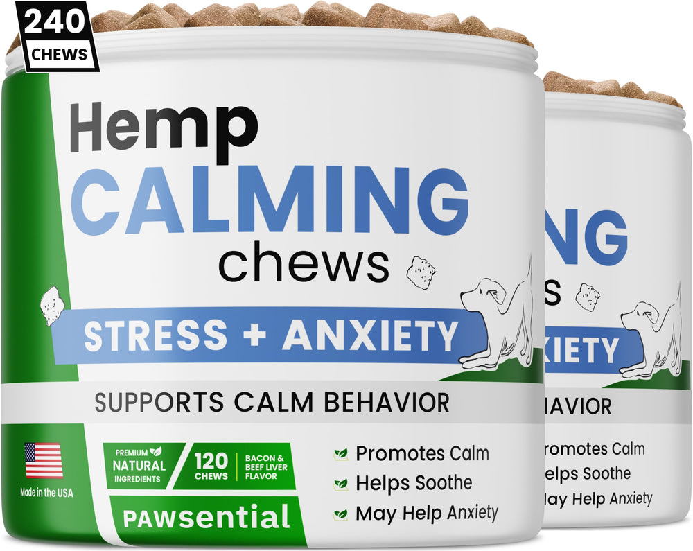 Pawsential Advanced Hemp Calming Treats bottle for dogs promotes calm during fireworks