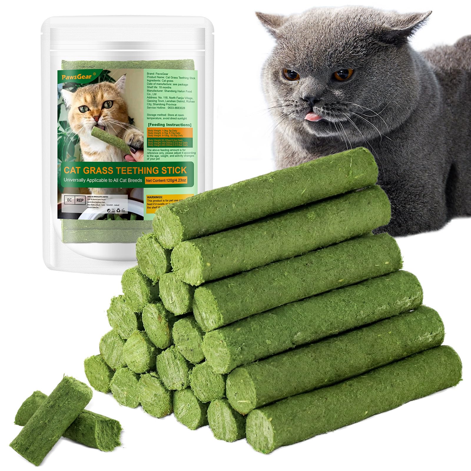 PawsGear Cat Grass Teething Stick front view highlights natural chew for dental care
