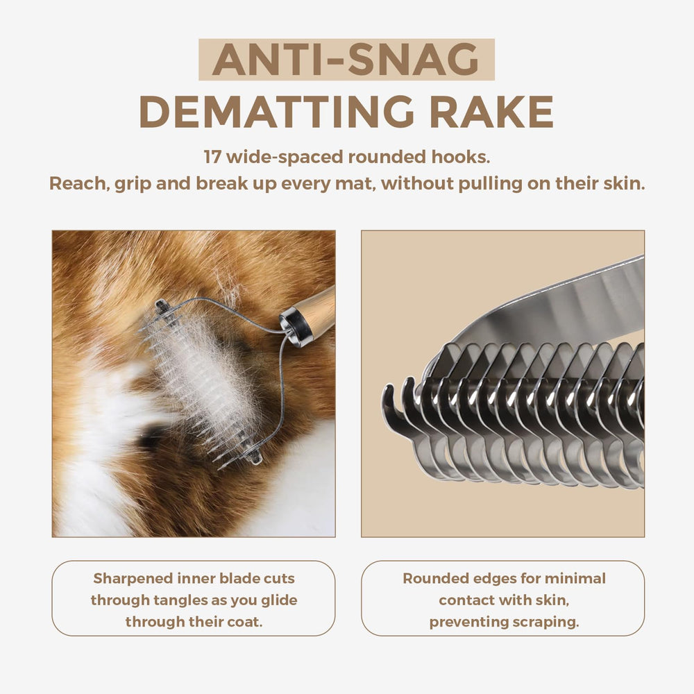 PAWSHOLIC undercoat rake wood handle grip comfortable grooming session