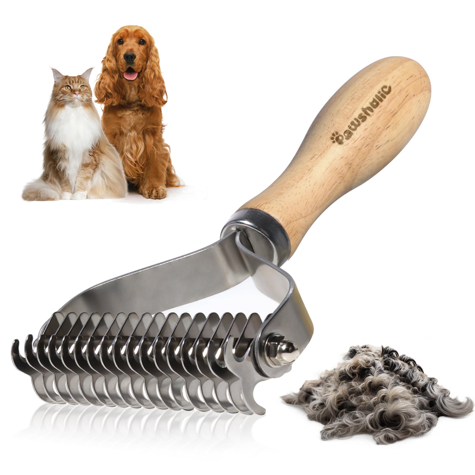 PAWSHOLIC undercoat rake with wood handle for gentle detangling