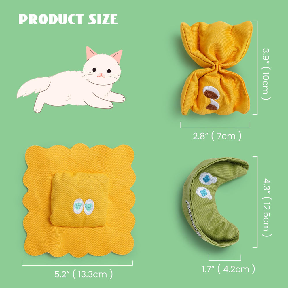 Pawsible Ravioli catnip toy pack closeup-nip highlights premium catnip scent for playful sessions.