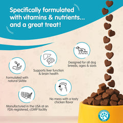 Pawsitive bacon-flavor dog treats shown as tasty liver-support chews with potential cognitive benefits.