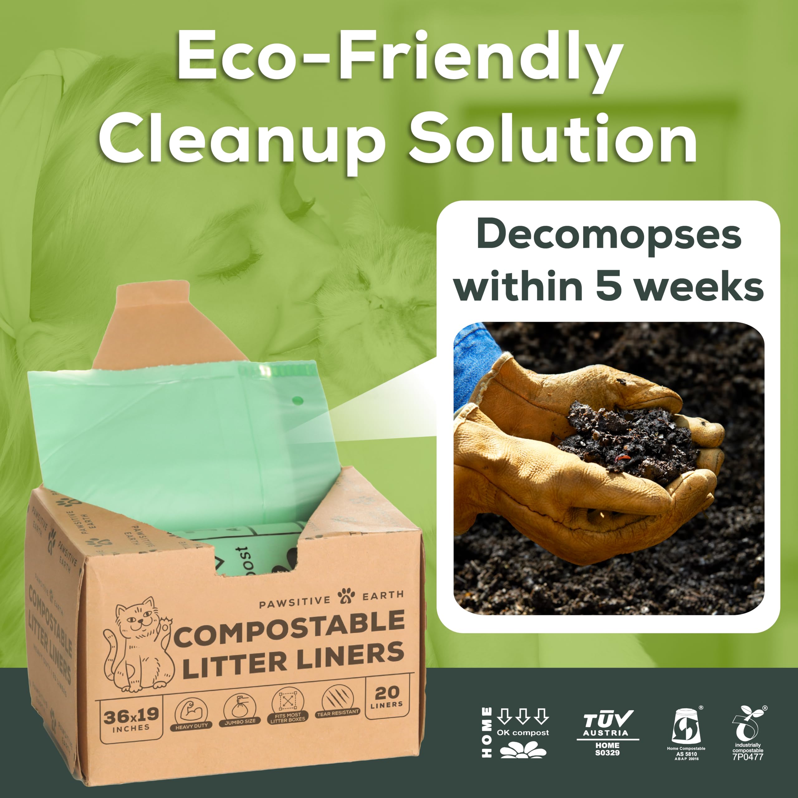 Pawsitive Earth compostable liners offer biodegradable waste solutions for daily litter duties.