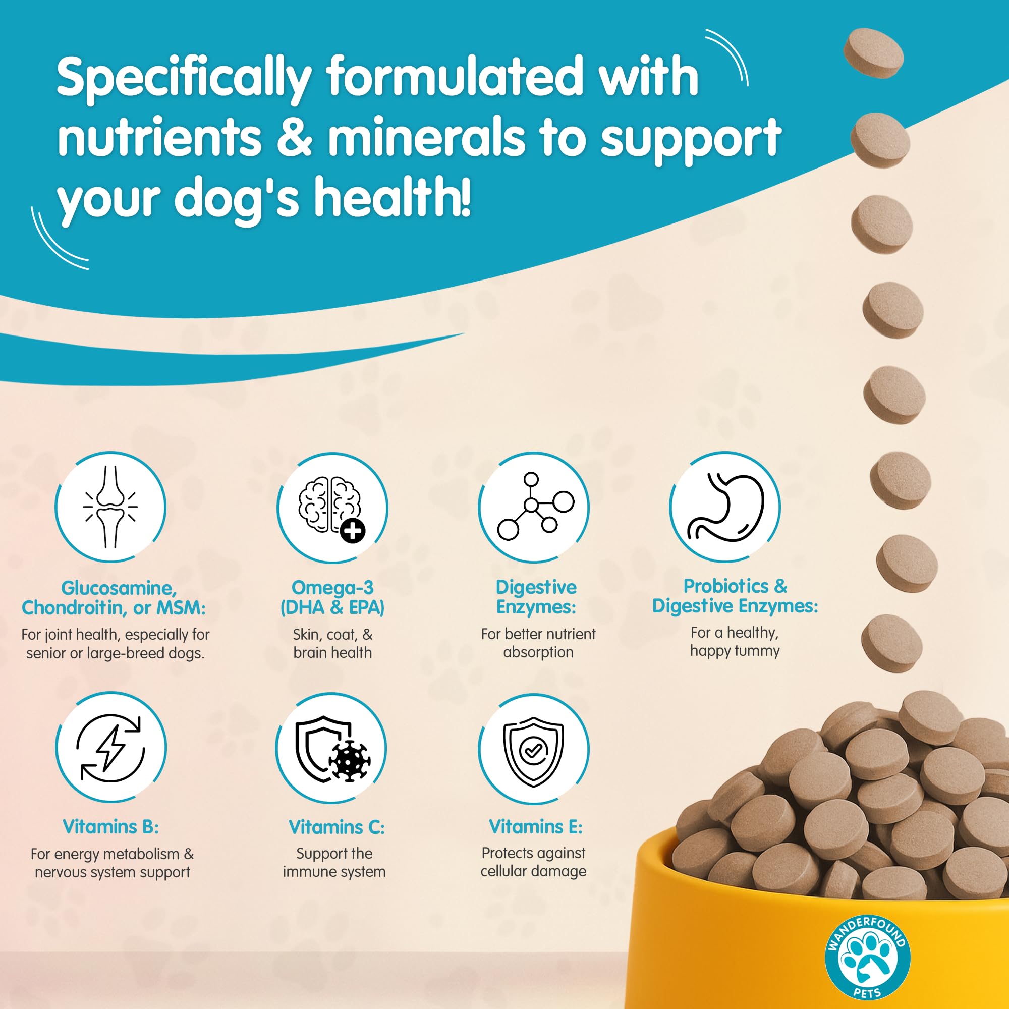 Pawsitive Wanderfound Pets chewable tablets in liver flavor for daily supplementation