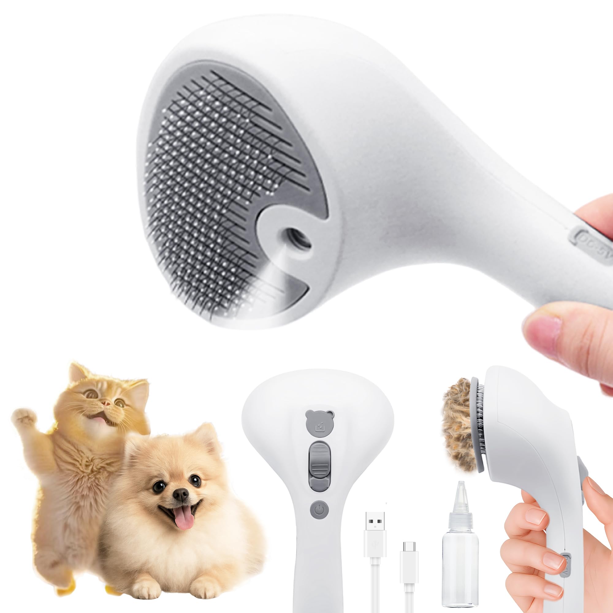 PawsMedal pet spray grooming brush removes loose fur while massaging the dog's coat.