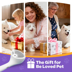 PawsMedal self-cleaning spray comb shown in action for cats and dogs.