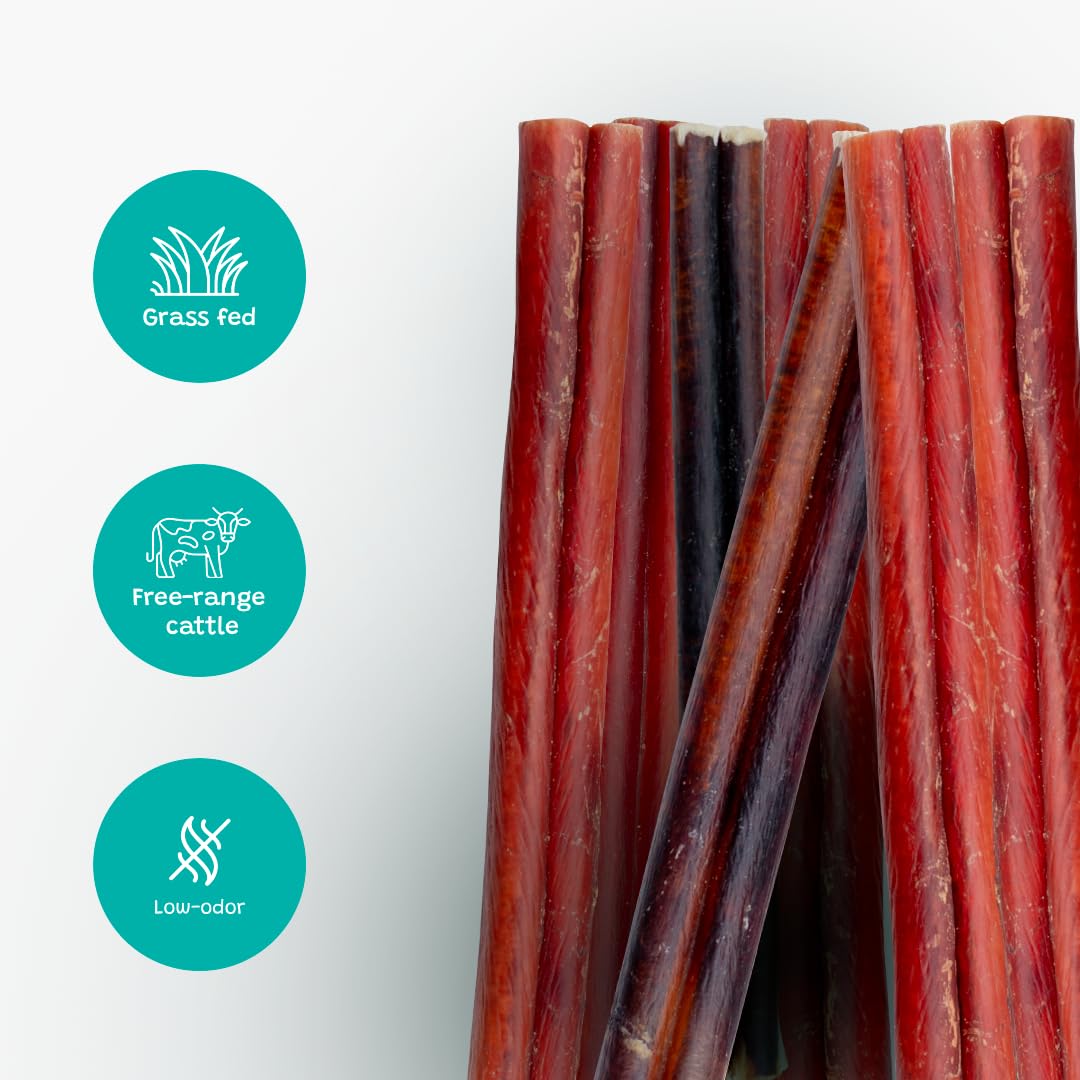 Pawsome Ranch Bully Sticks 6-7in closeup natural beef; single-ingredient treat dogs love.