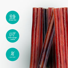 Pawsome Ranch Bully Sticks 6-7in closeup natural beef; single-ingredient treat dogs love.